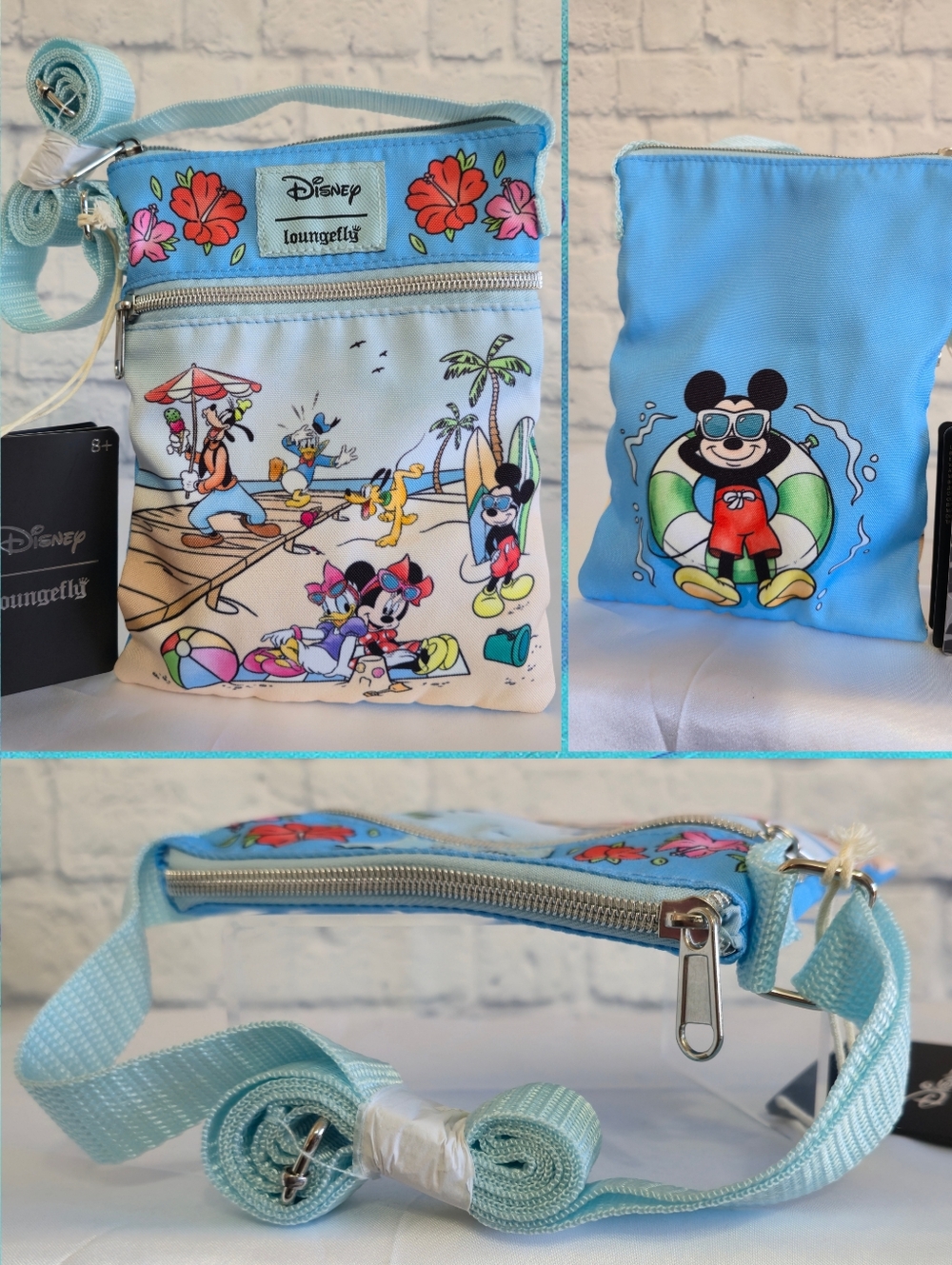 Loungefly Disney Mickey & Friends Character Beach Scene Crossbody Bag Blue New